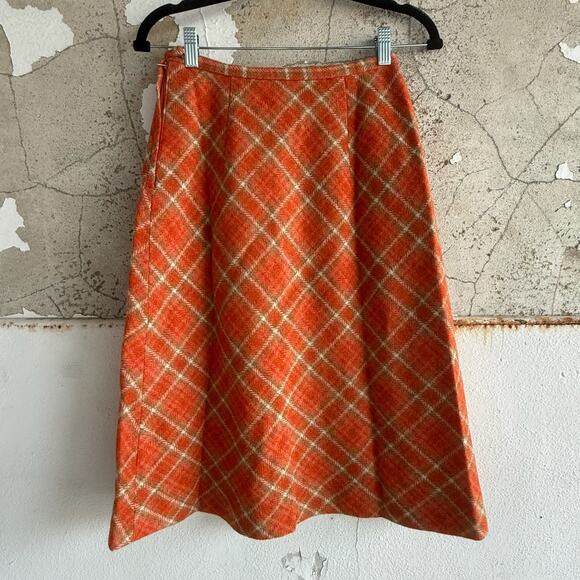 Vintage Skirt Plaid Wool A-Line Midi High Waist 1970s Mod Preppy Fall Workwear - Picture 3 of 6
